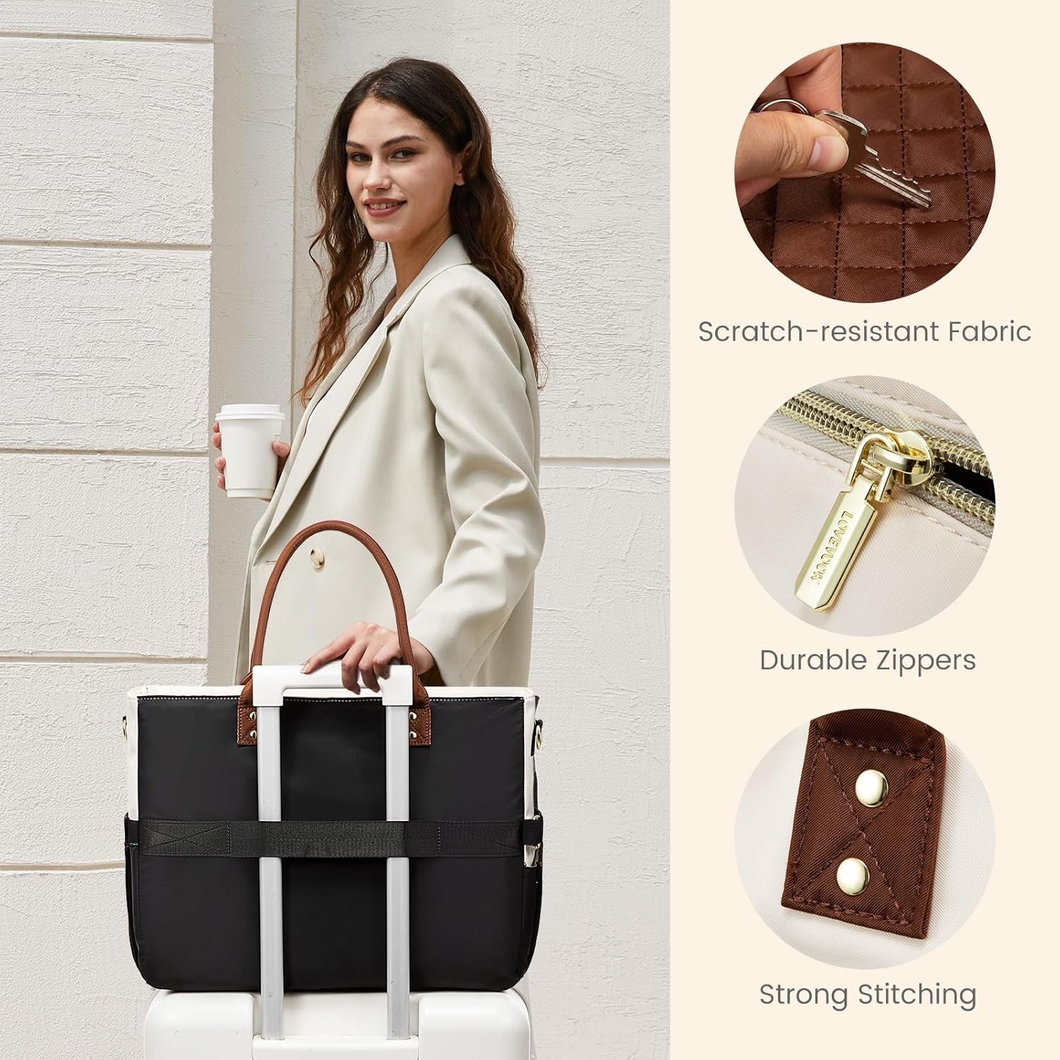 Teacher Tote Bag for Women Work, Laptop Bag With Large Cup Holder, Nurse Bags Professional Briefcase Business Computer Purses Bible Handbag Gifts, Black-Beige-Brown, 15.6 Inch Black-beige-brown - Image 5