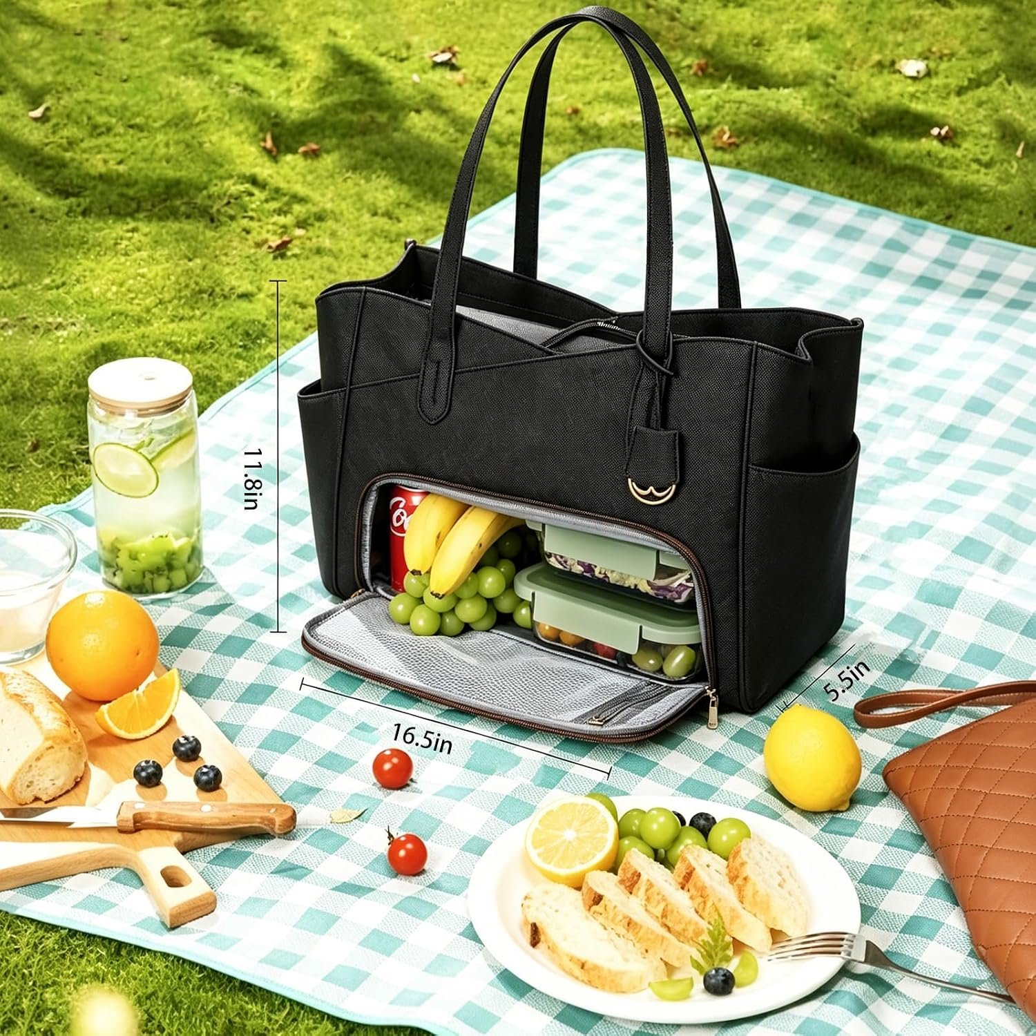 Lunch Bag for Women,2 in 1 PU Work Tote Bag with Lunch Compartment with Giant Tumbler Side Pocket, 15.6" Laptop Tote Bag with Padded Sleeve for Teacher,Nurse,College Black - Image 4