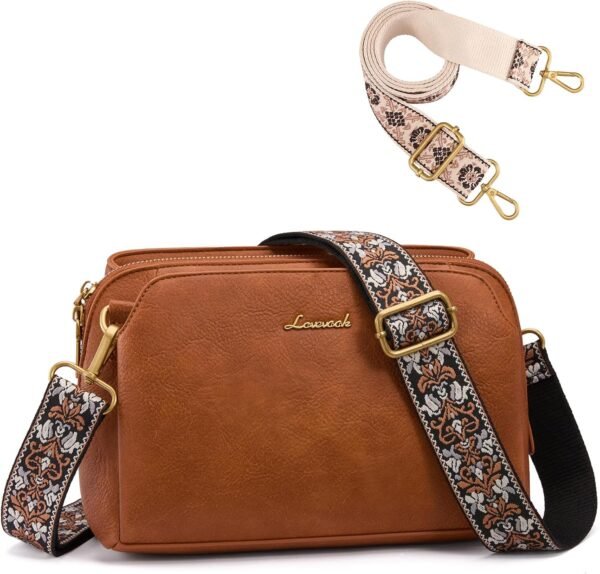 Crossbody Bags for Women with 2Pcs Adjustable Strap, Leather Small Purses with RFID Blocking Slots, Shoulder Handbag Light-brown-t