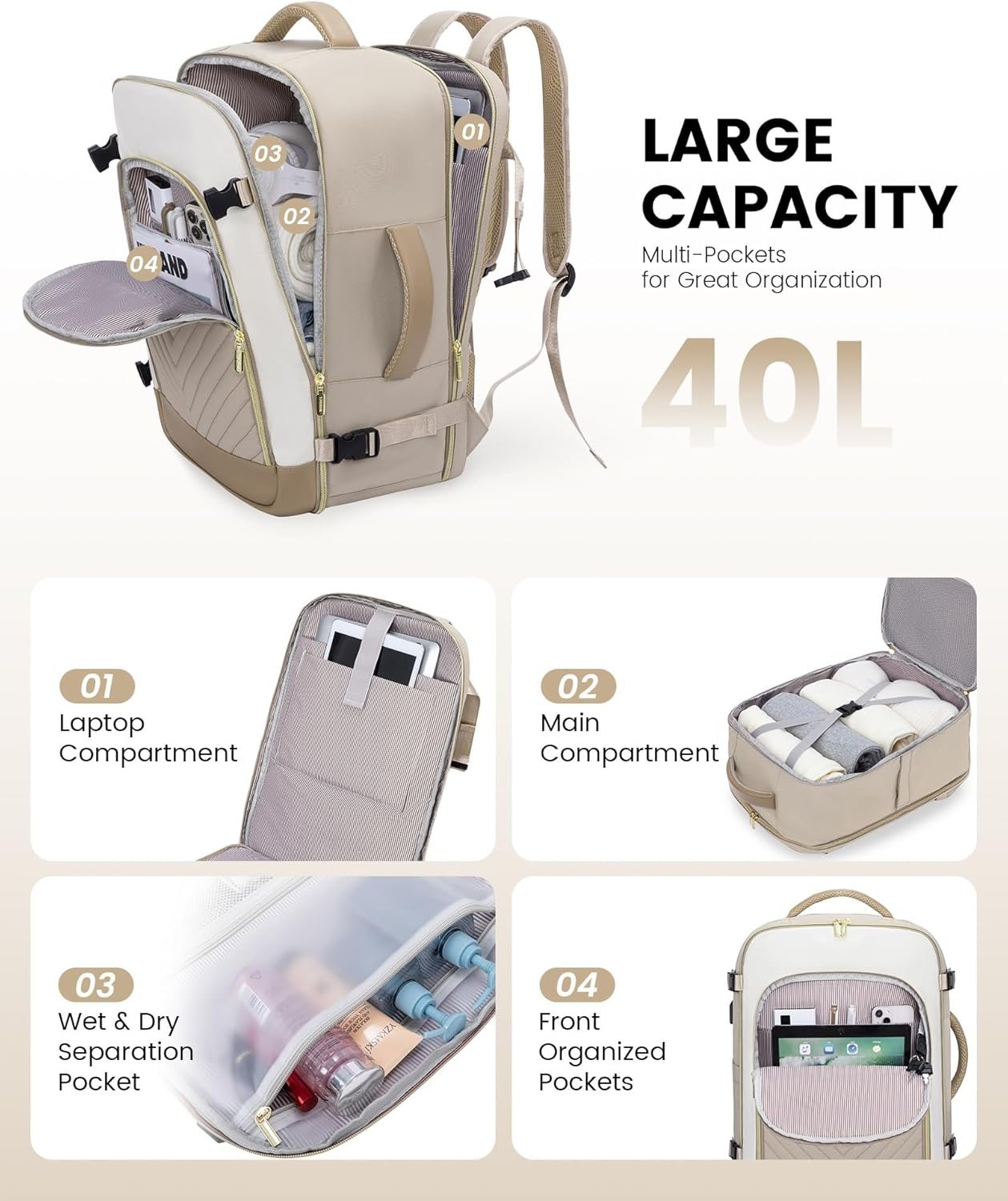 Large Travel Backpack for Women, TSA Carry on Backpack for Airplanes, 40L Personal Item Travel Bag for Women fits 17" Laptop,Waterproof Carry on Bag Airplane Approved with 3 Packing Cubes Khaki - Beige - Abricot - Image 4