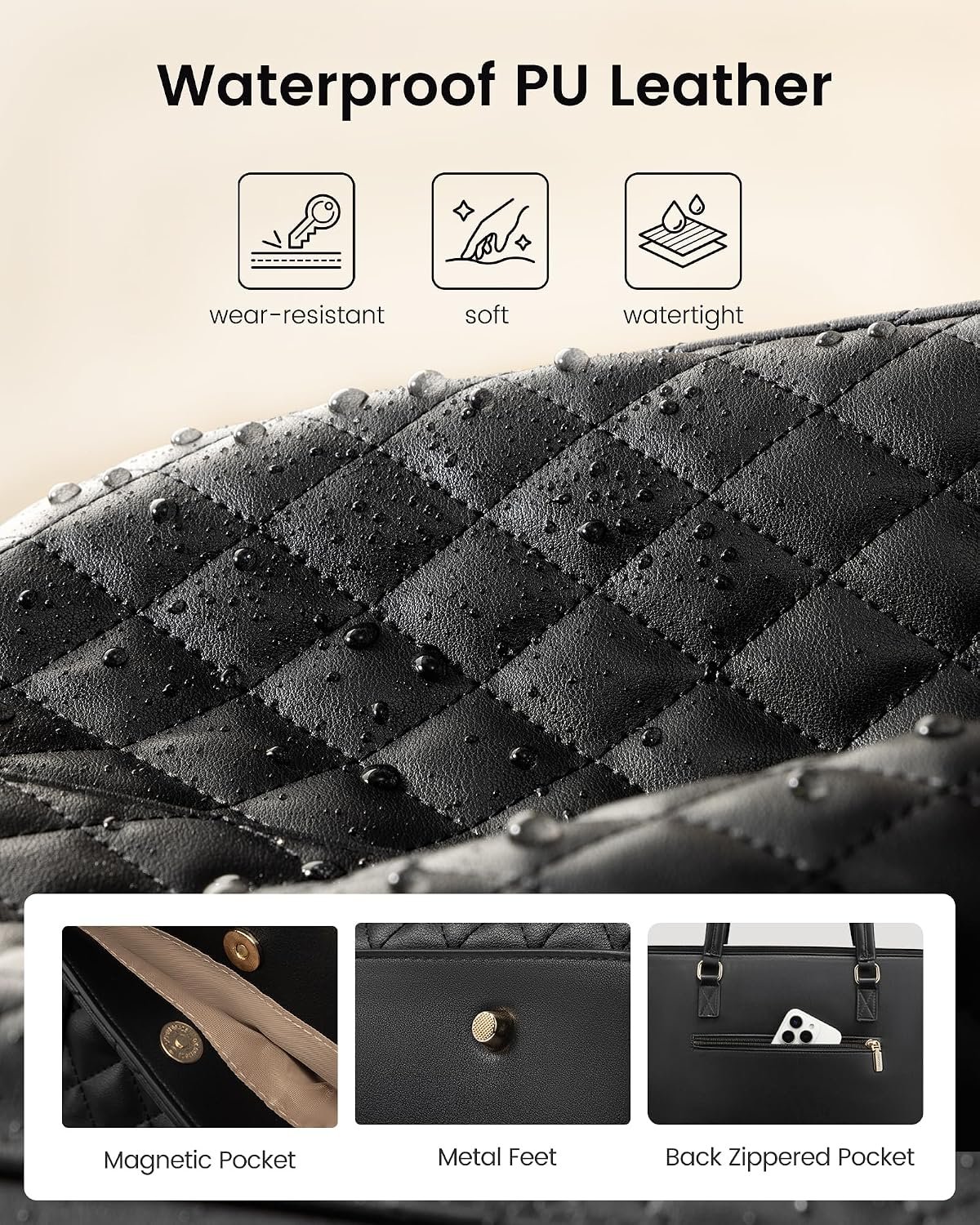 Laptop Tote Bag for Women,15.6 Inch Work Bags PU Leather Teacher Tote Bag,Waterproof Quilted Computer Bag for Office Professional Briefcase Gifts 15.6 Inch - Image 6
