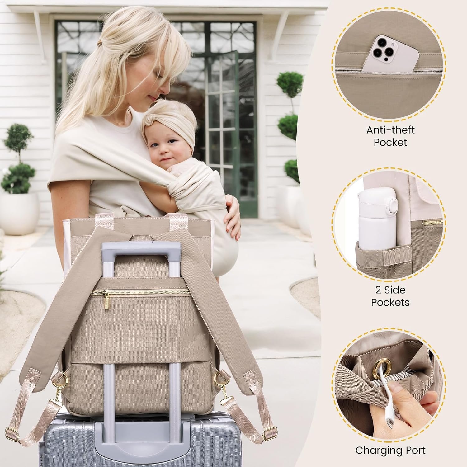 Diaper Bag Backpack,Diaper Bag Tote with Insulated Pockets,Baby Bag for Girl Boy with Changing Pad,Large Baby Bag with Pacifier Case,15.6 Inch Anti-Theft Laptop Backpack for Women Coffee-beige - Image 7