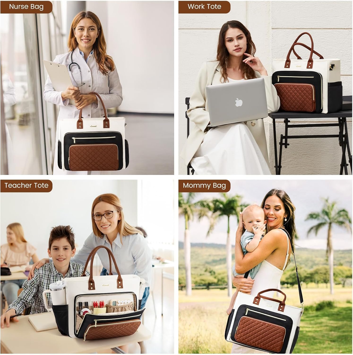 Teacher Tote Bag for Women Work, Laptop Bag With Large Cup Holder, Nurse Bags Professional Briefcase Business Computer Purses Bible Handbag Gifts, Black-Beige-Brown, 15.6 Inch Black-beige-brown - Image 6