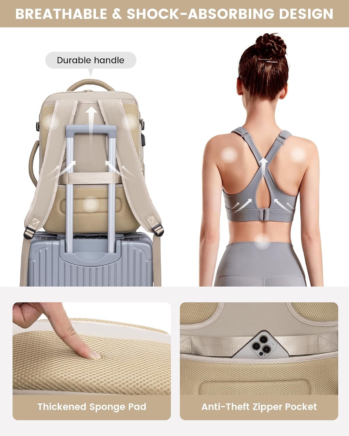 Large Travel Backpack for Women, TSA Carry on Backpack for Airplanes, 40L Personal Item Travel Bag for Women fits 17" Laptop,Waterproof Carry on Bag Airplane Approved with 3 Packing Cubes Khaki - Beige - Abricot - Image 8