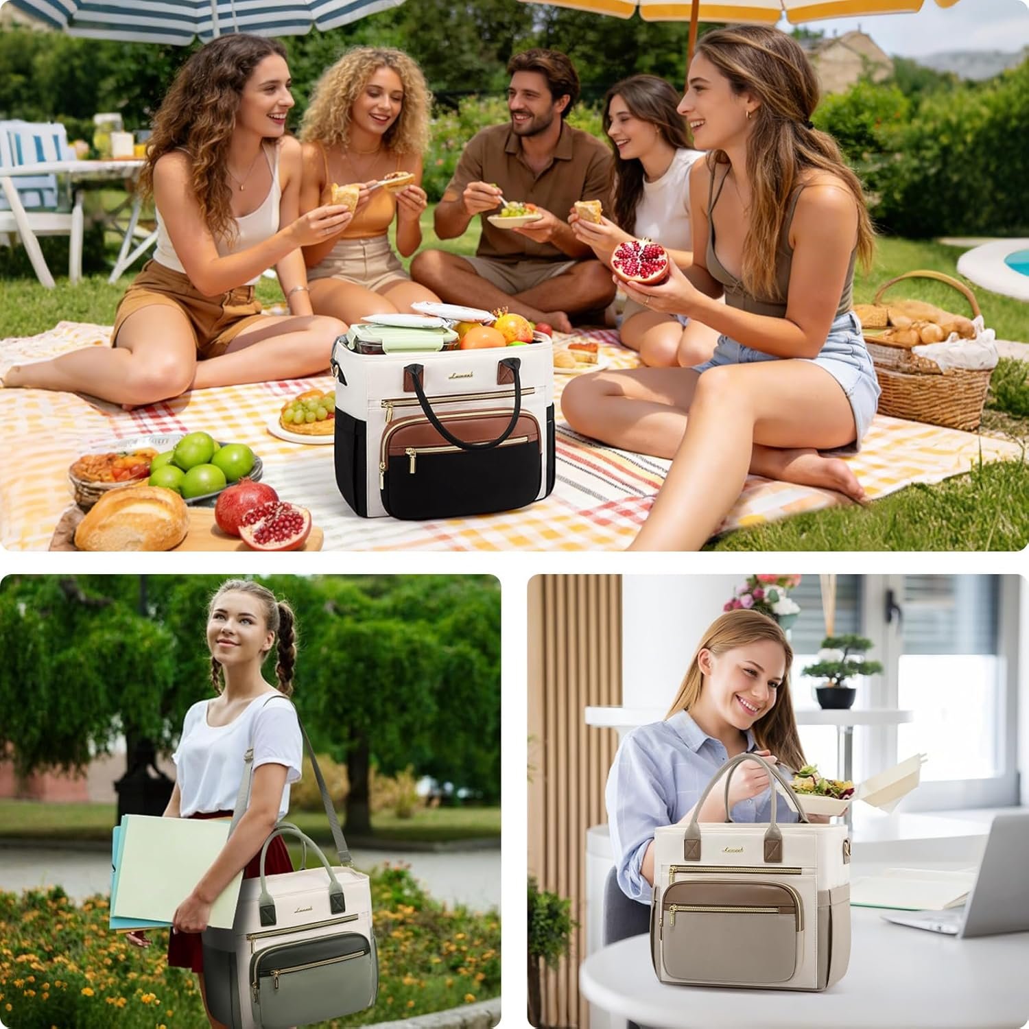 Insulated Lunch Bag Women,Wide Opening Adult Lunch Box Women with Cup Holder,Large Leakproof Cooler Bag for Work Picnic Beach Family College Mom,Lunch Teacher Tote Bag for Gift Black with Off White with Brown - Image 8