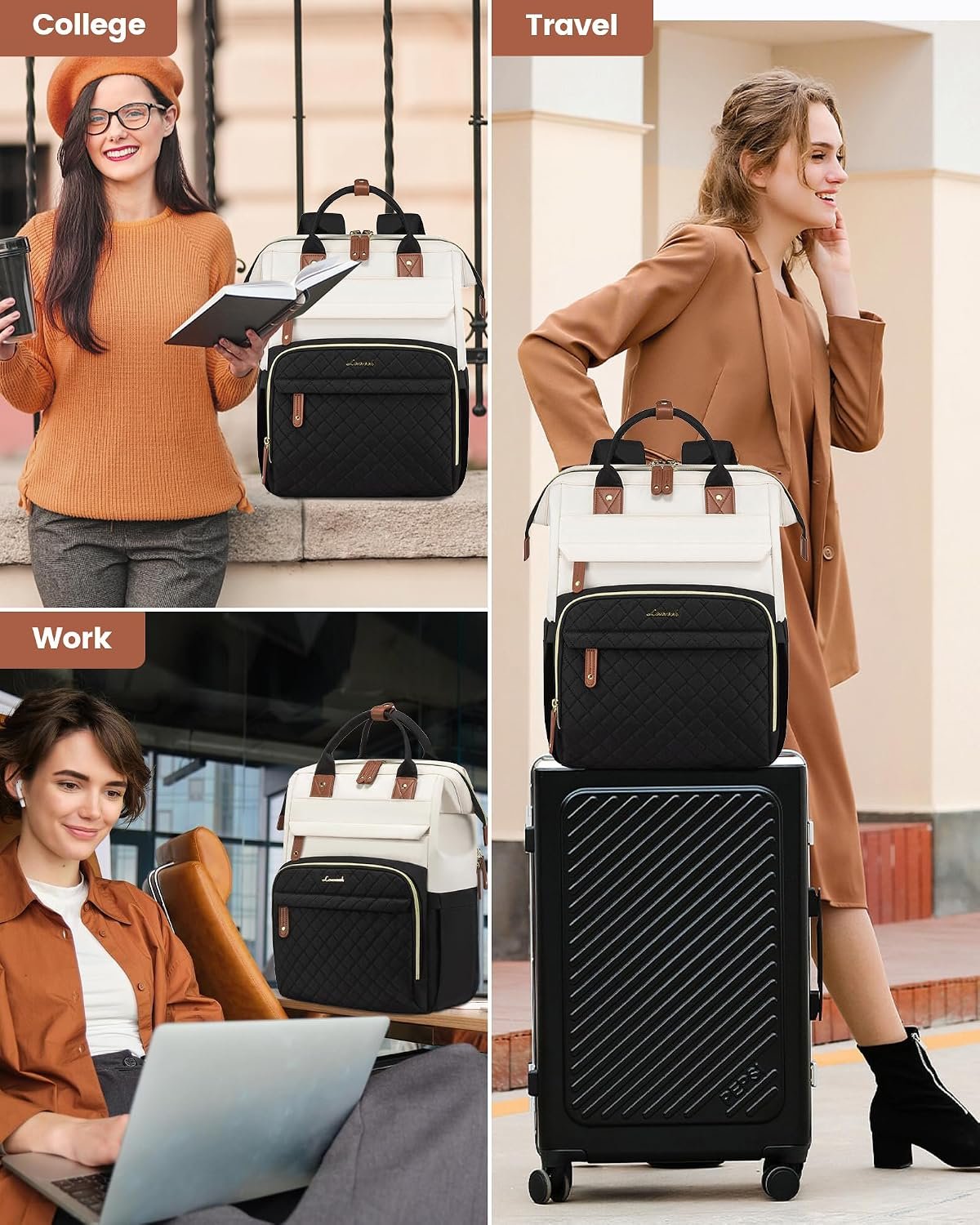 Laptop Backpack for Women, 15.6'' Waterproof Nurse Bag Teacher Work Backpack Purse for Women, Travel Computer Backpack for College Office Business Ladies Cream-black - Image 9