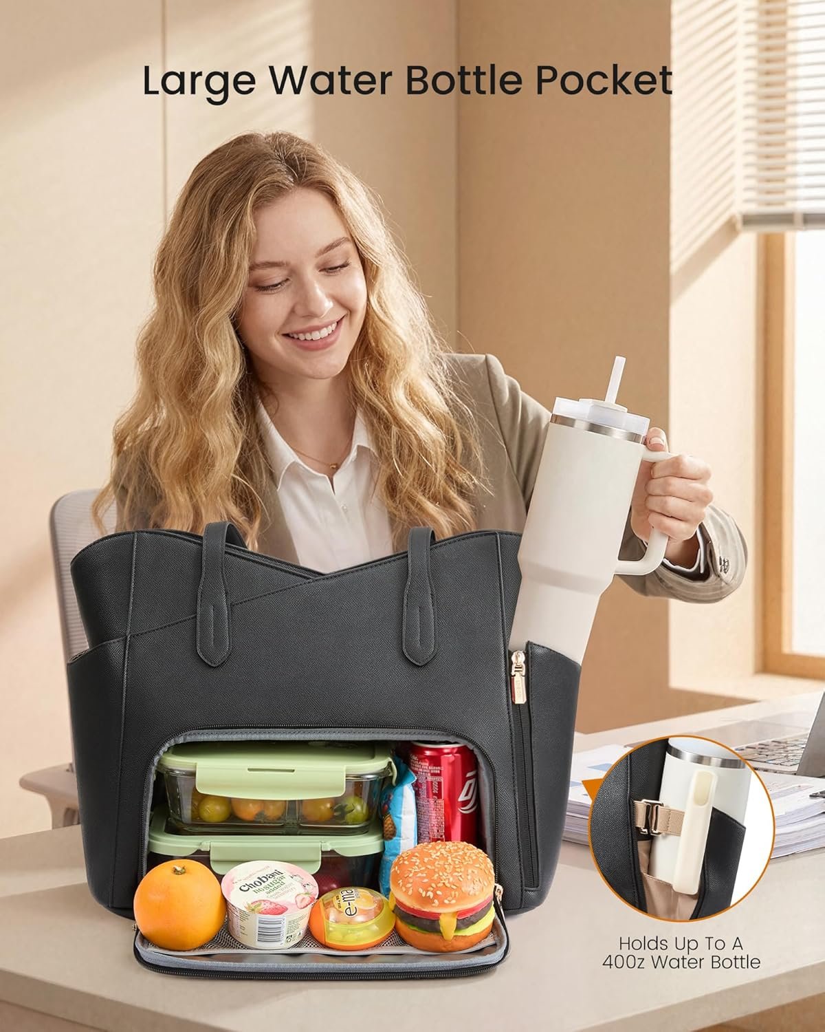 Lunch Bag for Women,2 in 1 PU Work Tote Bag with Lunch Compartment with Giant Tumbler Side Pocket, 15.6" Laptop Tote Bag with Padded Sleeve for Teacher,Nurse,College Black - Image 2