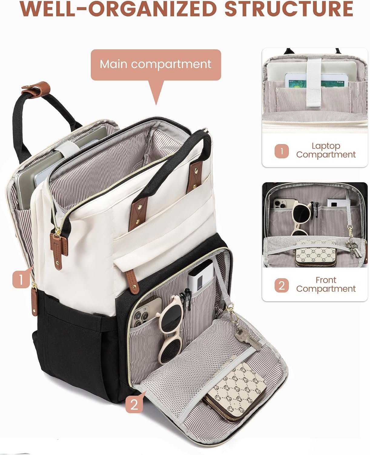 Laptop Backpack for Women, 15.6'' Waterproof Nurse Bag Teacher Work Backpack Purse for Women, Travel Computer Backpack for College Office Business Ladies Cream-black - Image 2