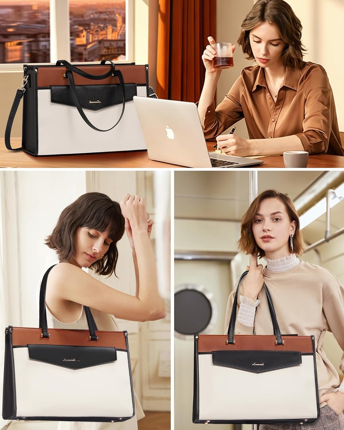 Laptop Bag for Women, 15.6'' Laptop Tote Purse 2-in-1 Professional Work Bag Business Briefcase with Clutch Purse, Waterproof Leather Computer Handbag for Teacher Office Travel Black White Brown - Image 4
