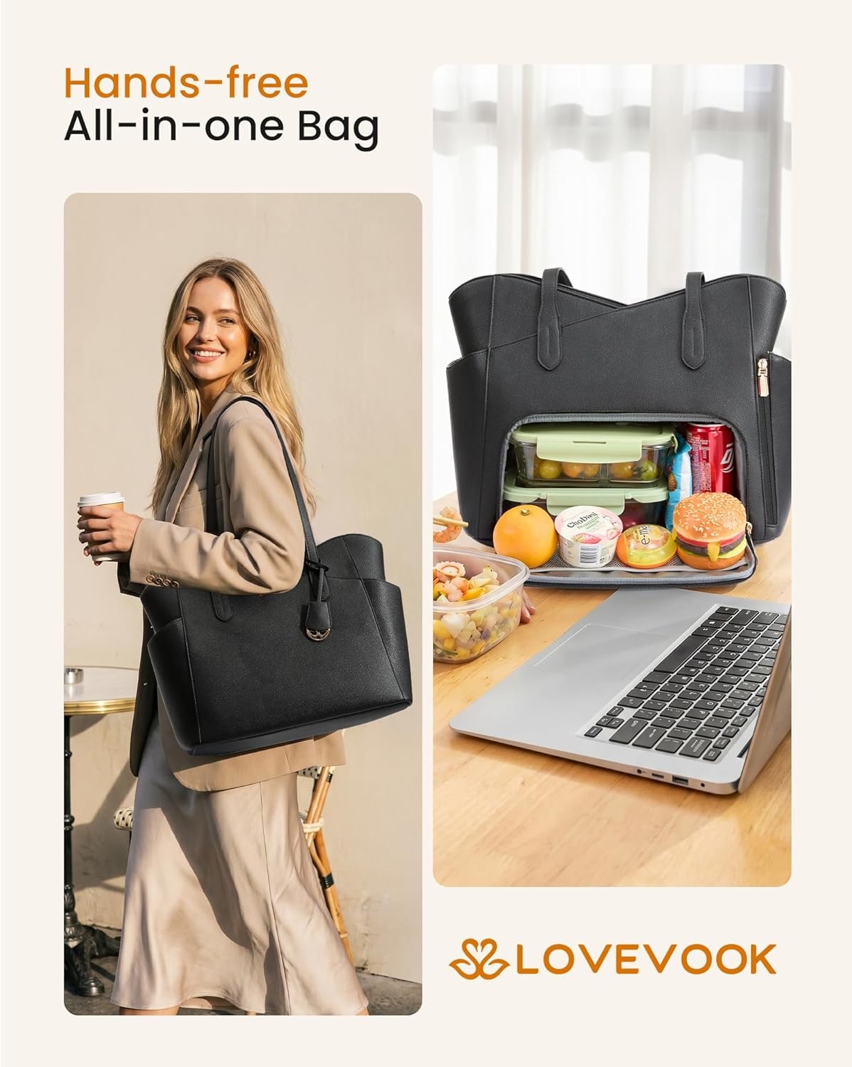 Lunch Bag for Women,2 in 1 PU Work Tote Bag with Lunch Compartment with Giant Tumbler Side Pocket, 15.6" Laptop Tote Bag with Padded Sleeve for Teacher,Nurse,College Black - Image 7