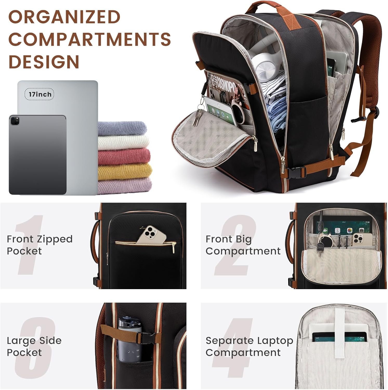 40L Large Travel Backpack for Women Men, 17 Inch Carry on Backpack for Traveling on Airplane, Personal Item Bag Airline Approved, Business Causal Weekender Backpack, Black-Brown 1 Black-brown - Image 2