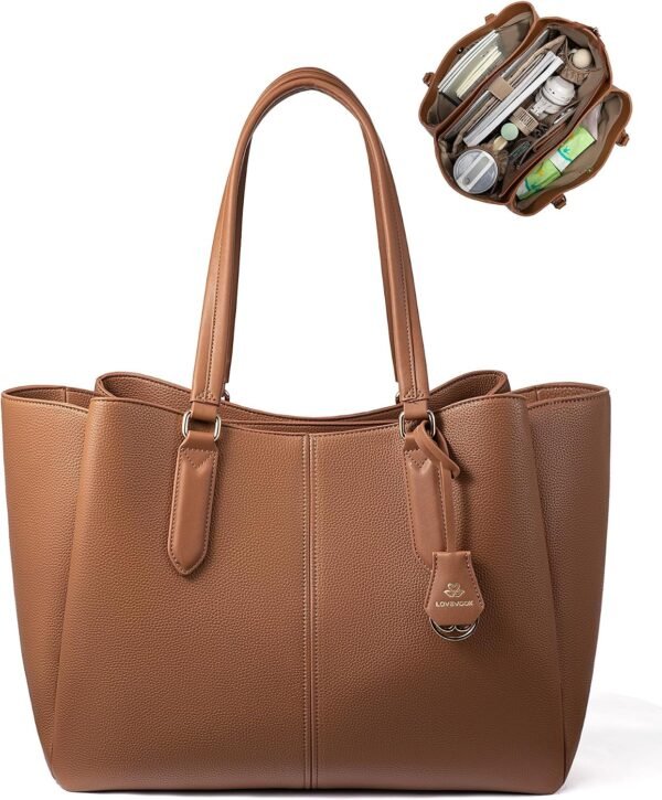 Laptop Tote Bag for Women 15.6 In Work Bags with Triple Compartments Large Faux Leather Computer Office Briefcase Brown-up