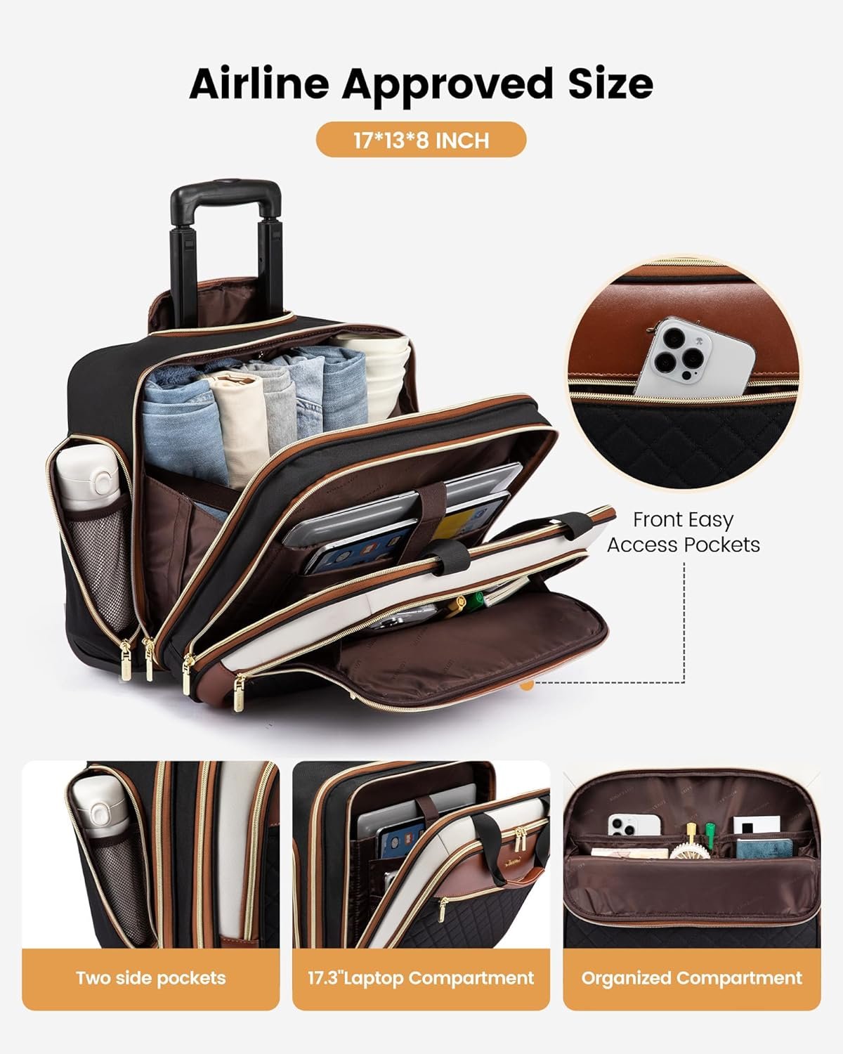 Rolling Laptop Bag Women, 17.3 Inch Laptop Briefcase with Wheels, Soft Sided Underseat Carry On Luggage Personal Item Suitcase for Work Travel Business, Black Brown Beige Black-Brown-White - Image 2