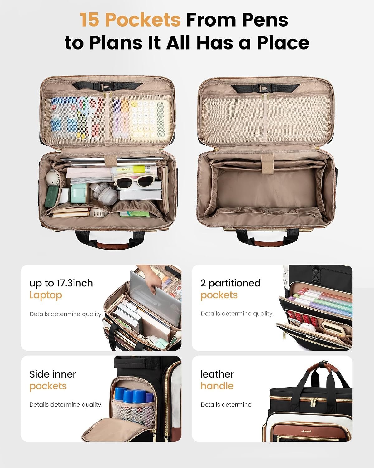 Rolling Teacher Bag with Detachable Dolly and Laptop Compartment, Large Rolling Tote Bag fits for 17.3" Laptop for Teacher Office Work Craft Nurse, Quilted-Black-beige-brown Quilted-Black-beige-brown - Image 4