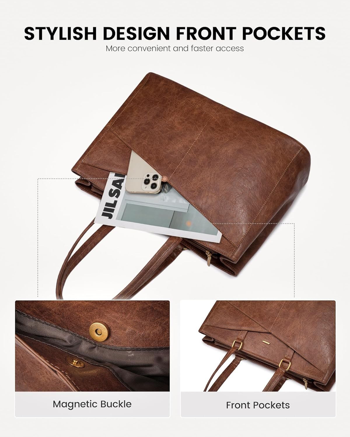 Laptop Bag for Women,15.6 Inch Laptop Tote Bag for Women,Vintage Leather Work Tote Bags Computer Teacher Bag,Waterproof Business Office Briefcase Bible Bag 15.6 inch - Image 4