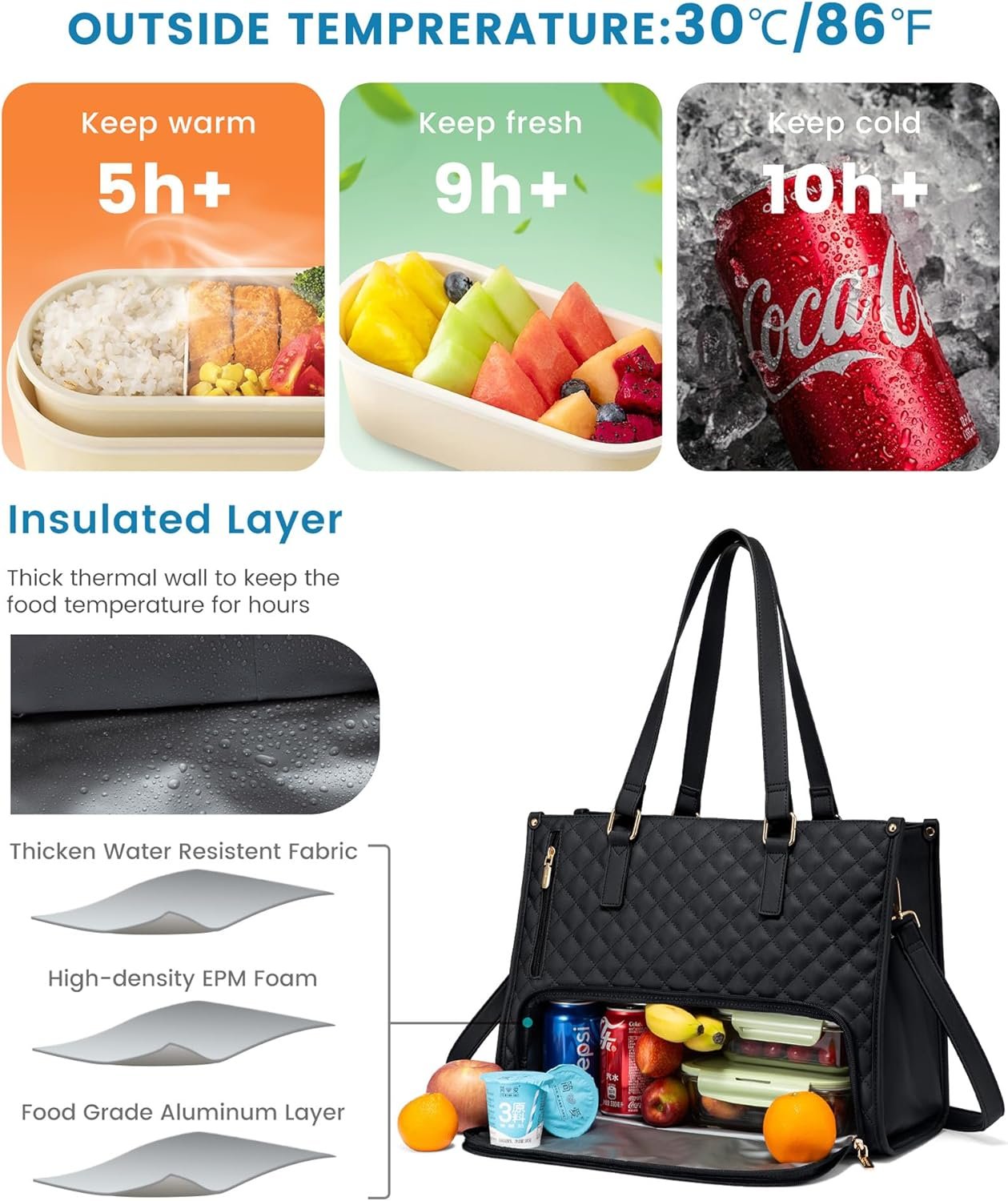 Lunch Tote Bag for Women, 15.6 Inch Laptop Bag with Insulated Lunch Compartment, Quilted Large Capacity Computer Handbag with Purse for Business, Work, Nurse, Office, Collage, Casual, Black Black - Image 2