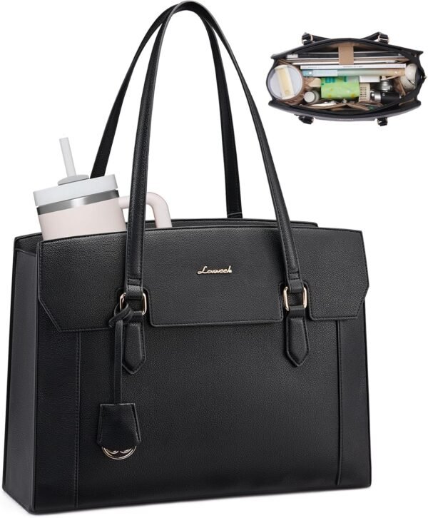 Laptop Tote Bag for Women,Computer Work Bag With Large Cup Holder,15.6 Inch Waterproof PU Leather Purse Briefcase for Teacher Black
