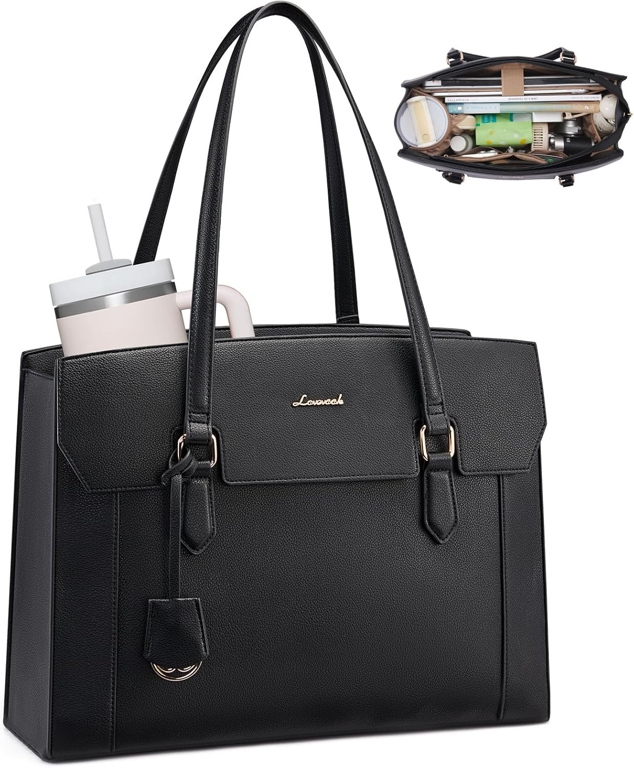 Laptop Tote Bag for Women,Computer Work Bag With Large Cup Holder,15.6 Inch Waterproof PU Leather Purse Briefcase for Teacher Black