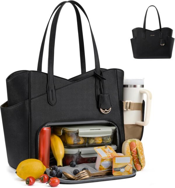 Lunch Bag for Women,2 in 1 PU Work Tote Bag with Lunch Compartment with Giant Tumbler Side Pocket, 15.6" Laptop Tote Bag with Padded Sleeve for Teacher,Nurse,College Black