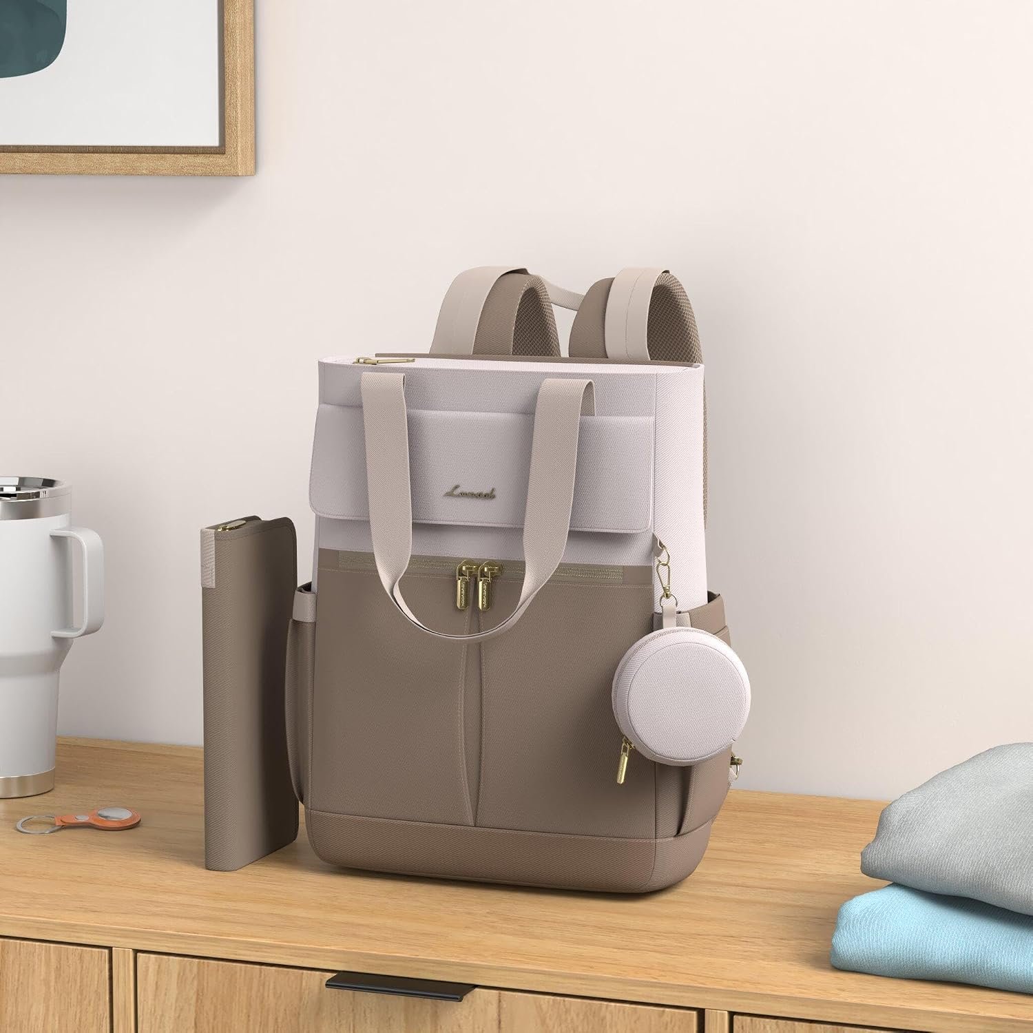 Diaper Bag Backpack,Diaper Bag Tote with Insulated Pockets,Baby Bag for Girl Boy with Changing Pad,Large Baby Bag with Pacifier Case,15.6 Inch Anti-Theft Laptop Backpack for Women Coffee-beige - Image 3