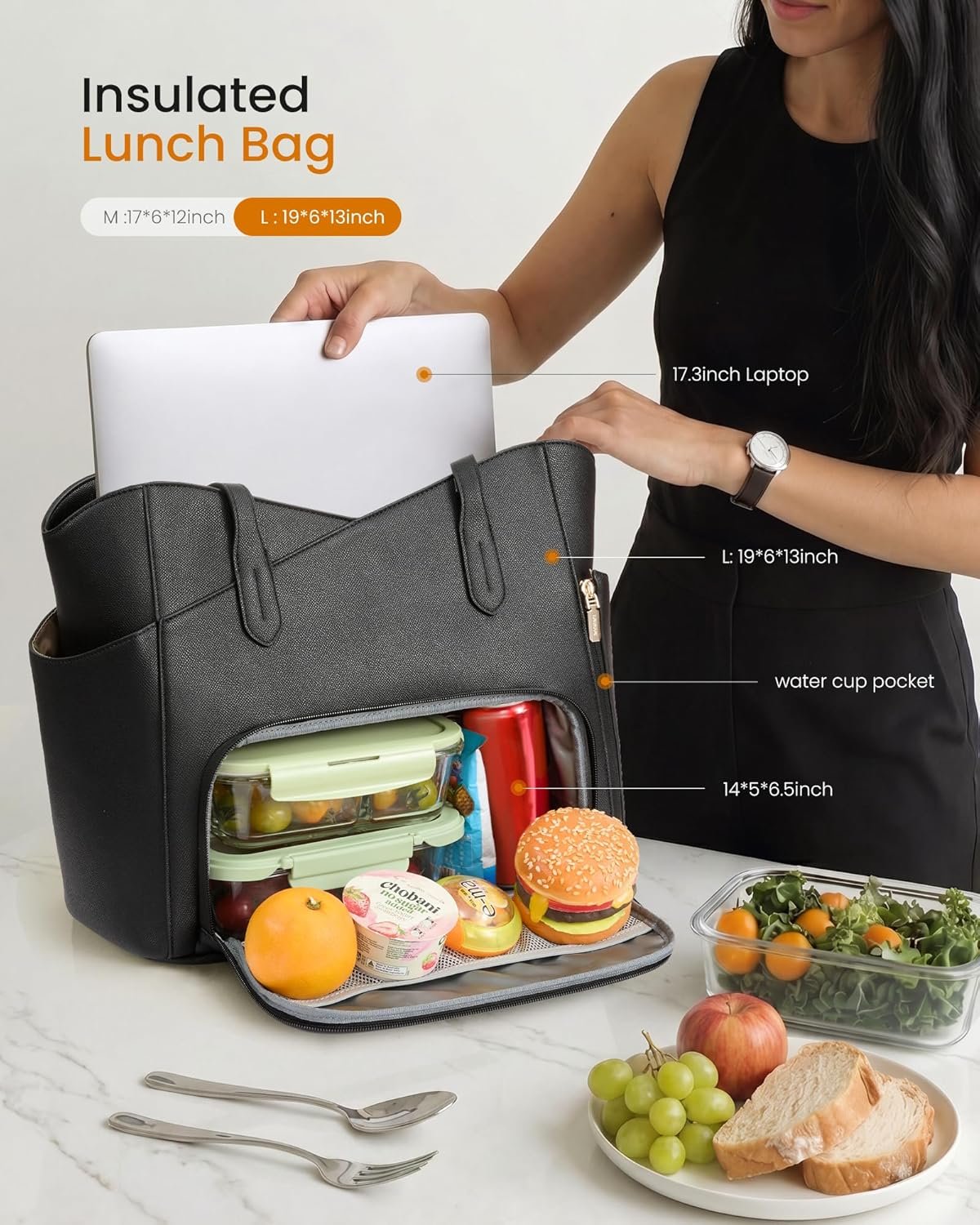 Lunch Bag for Women,2 in 1 PU Work Tote Bag with Lunch Compartment with Giant Tumbler Side Pocket, 15.6" Laptop Tote Bag with Padded Sleeve for Teacher,Nurse,College Black - Image 6