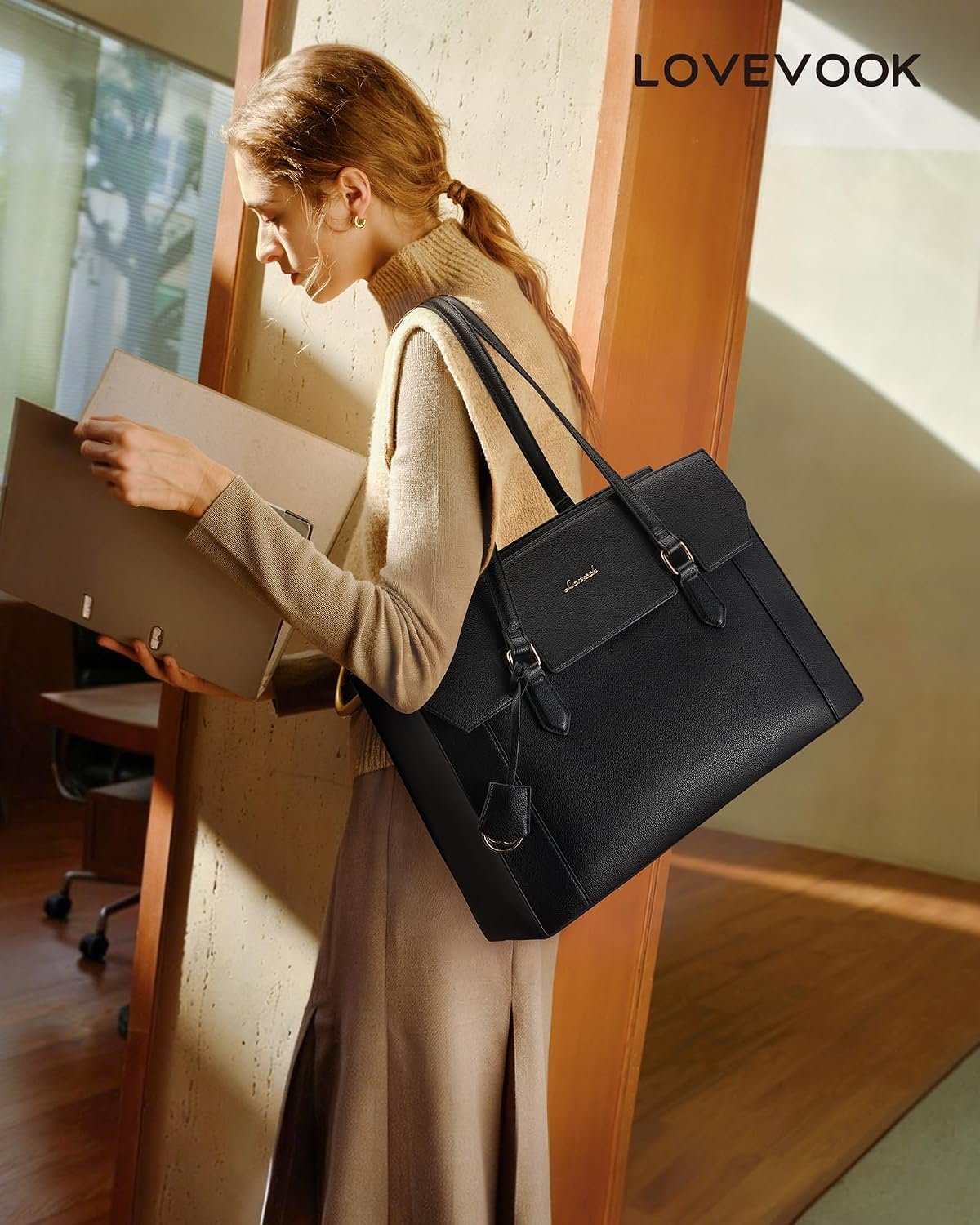 Laptop Tote Bag for Women,Computer Work Bag With Large Cup Holder,15.6 Inch Waterproof PU Leather Purse Briefcase for Teacher Black - Image 2