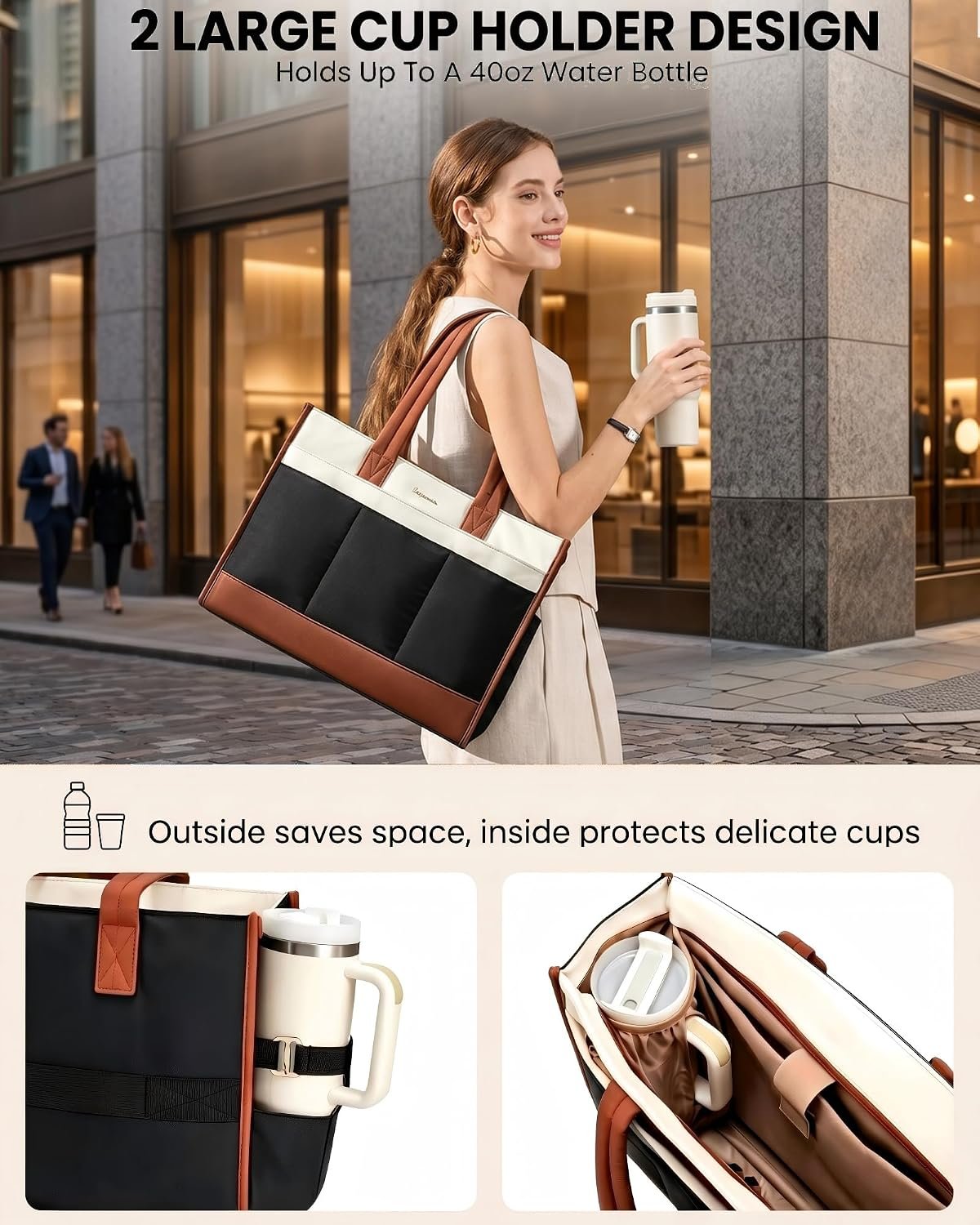 Tote Bag for Women, Lightweight Puffer Work Handbag with Large Cup Holder, 15.6 Inch Laptop Computer Purse for Nurse Teacher, 25L Quilted Travel Tote Shoulder Bag for College Office Gym Cream-black-brown - Image 2
