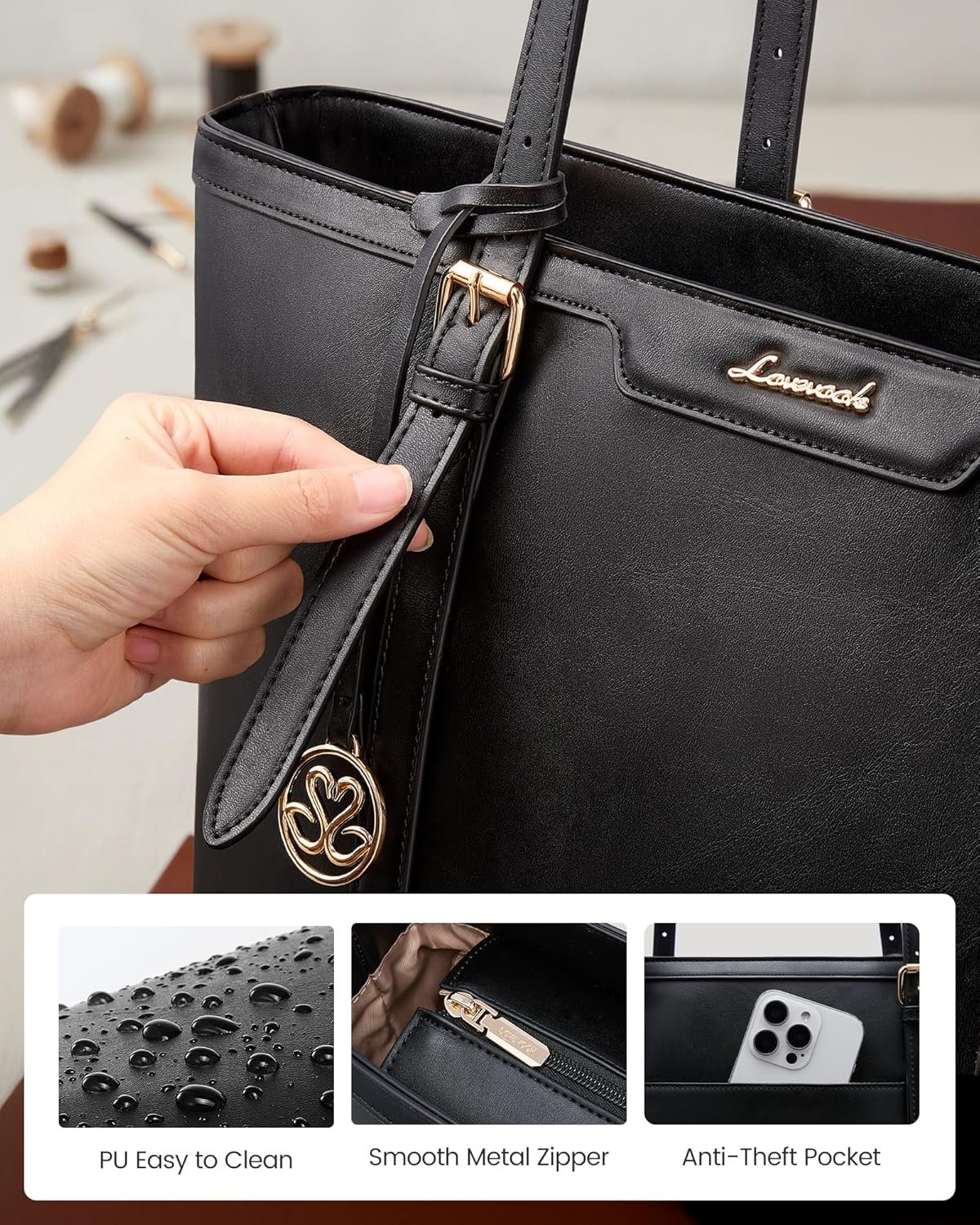 Laptop Bag for Women, 15.6 Inch Large Work Tote Bag with 40oz Cup Holder, Waterproof PU Leather Computer Briefcase for Teacher, Professional Business Shoulder Purse Black Black - Image 5