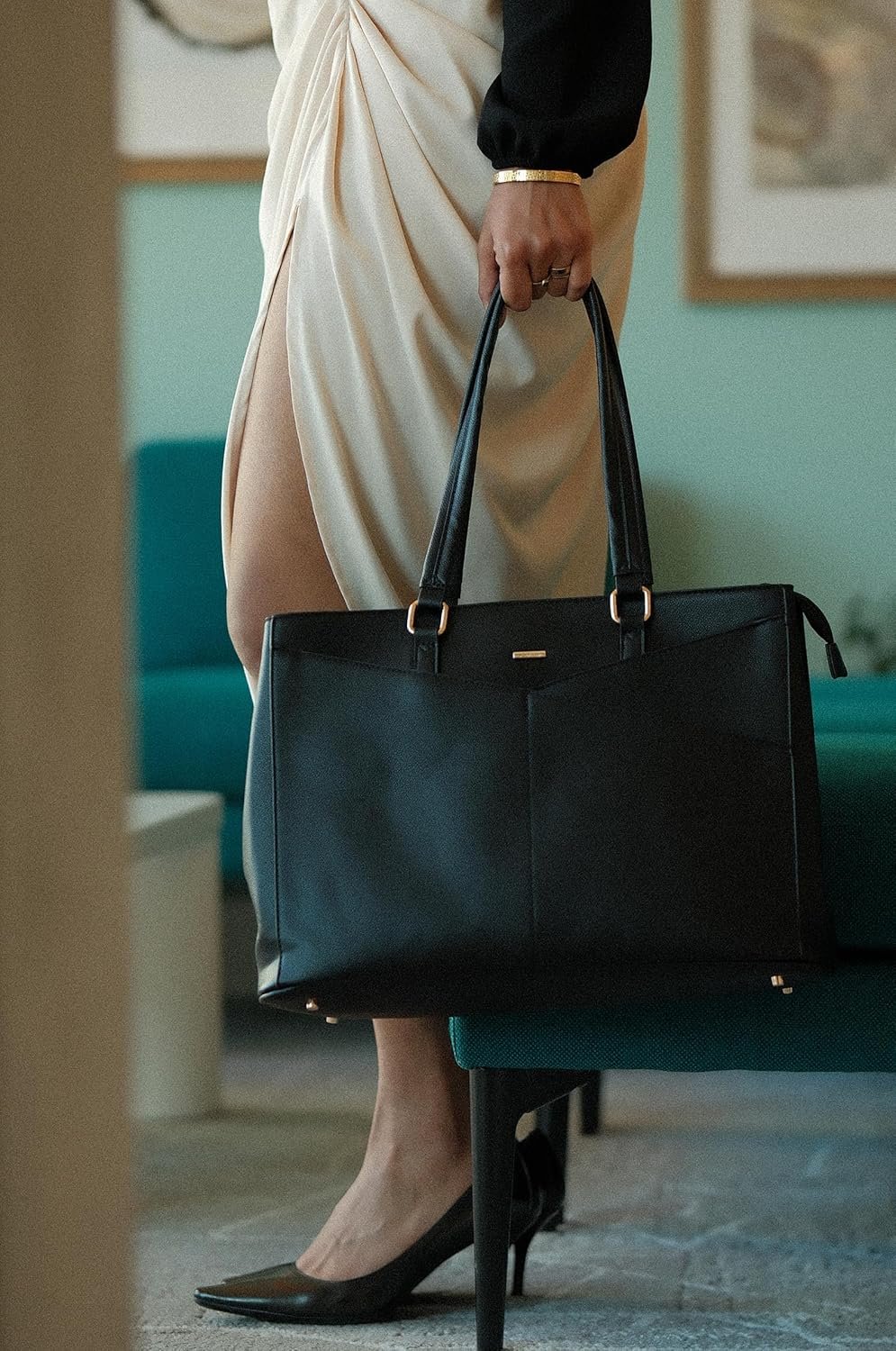 Laptop Tote Bag for Women 15.6 Inch Waterproof Leather Computer Bags Business Office Work Briefcase Black 15.6 inch - Image 3